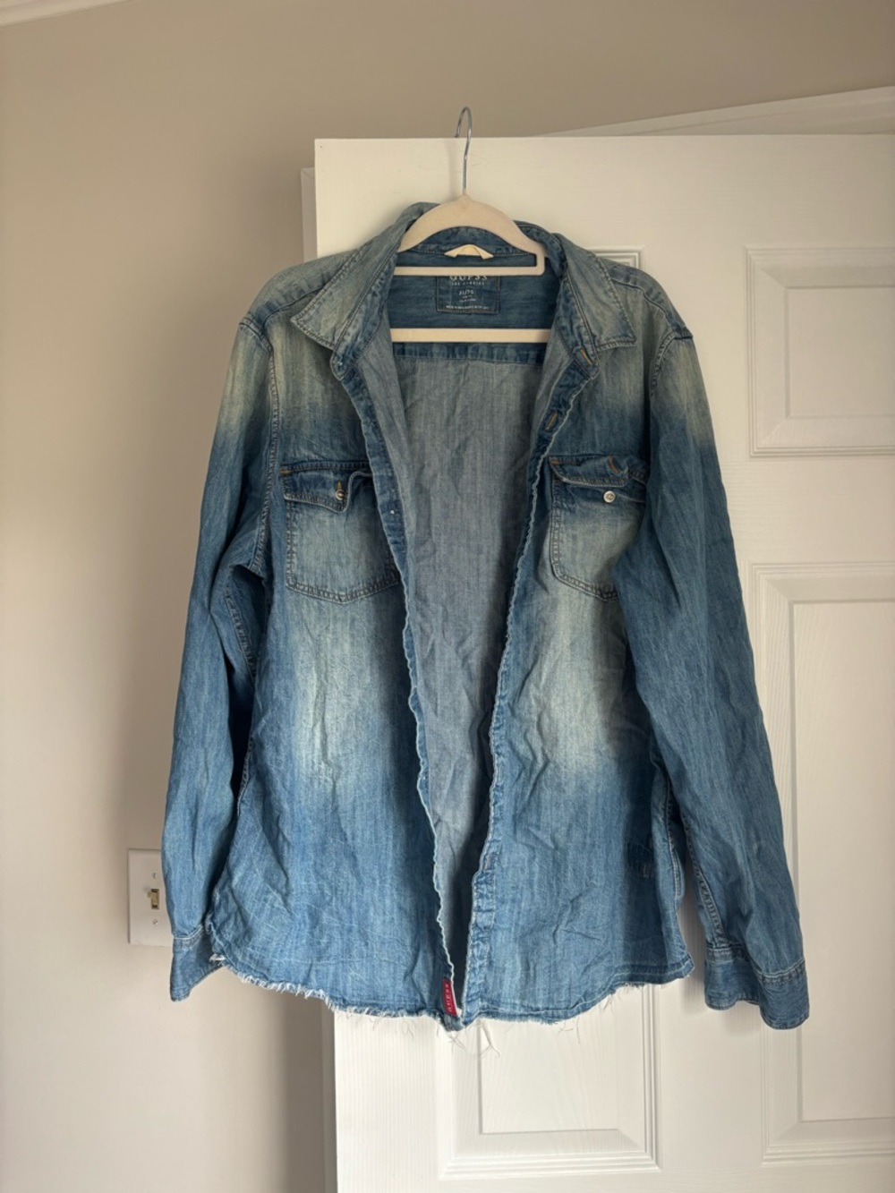 Guess Men's Light Blue Washed Denim Button-Down Shirt